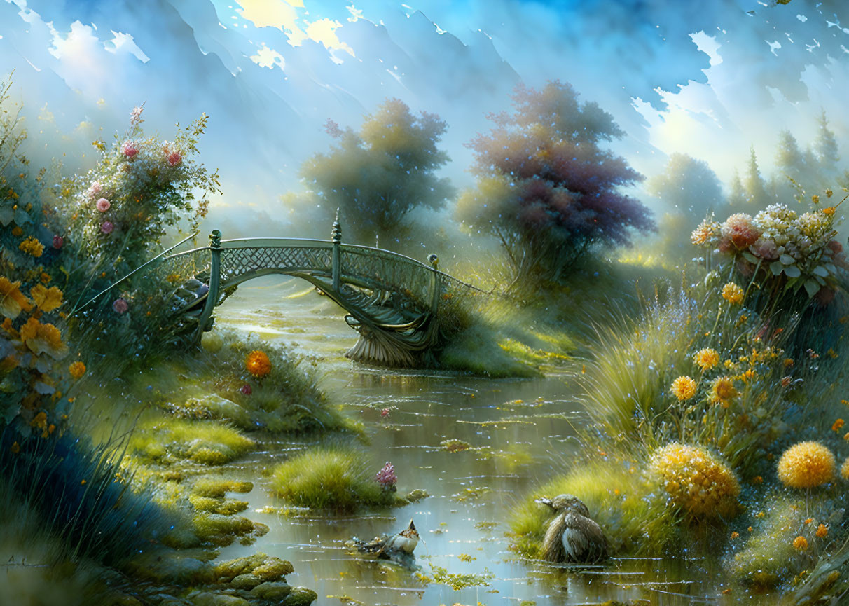 Tranquil landscape with footbridge, stream, lush vegetation, and foggy ambiance