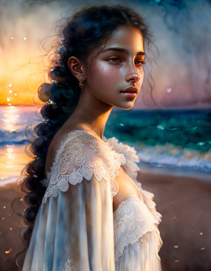 Serene young woman in white lace dress against beach sunset.