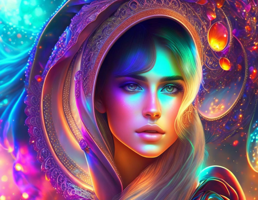 Colorful digital artwork: Woman with blue eyes in ornate hood, mystical aura.