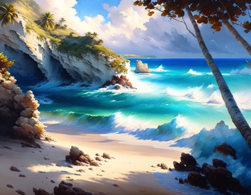 Tropical beach scene with turquoise waves, sandy shore, palm trees, and sea cliffs