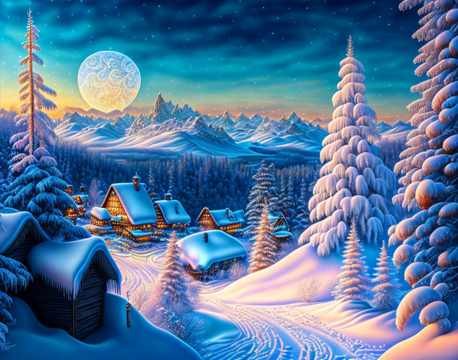 Snow-covered houses and trees under a full moon on a winter night