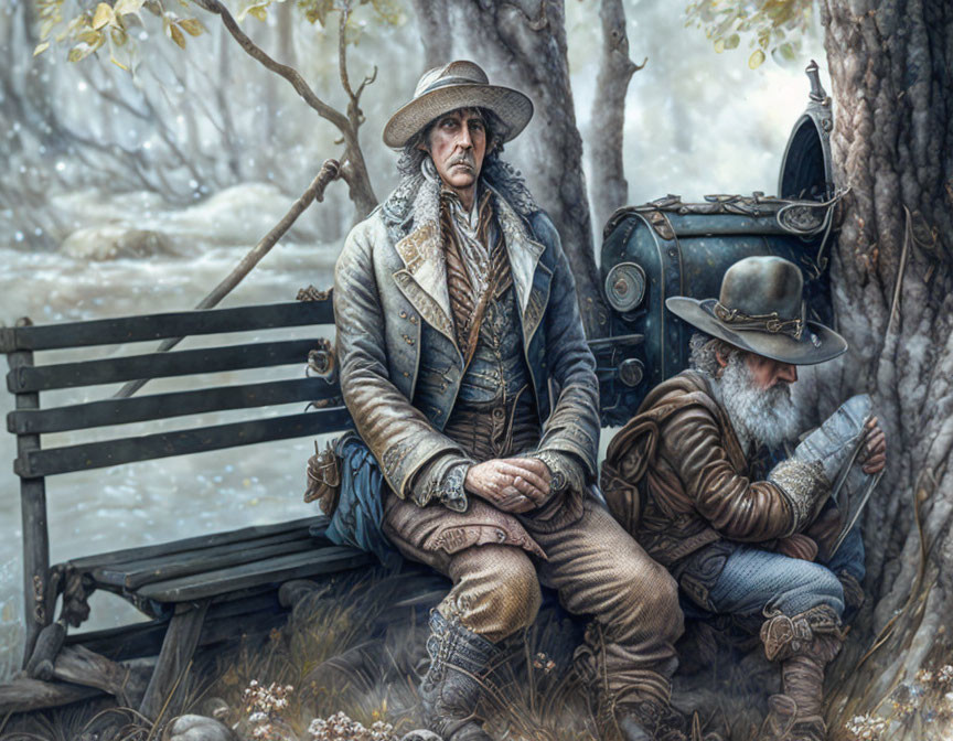 Men in Western attire on wooden bench in misty landscape