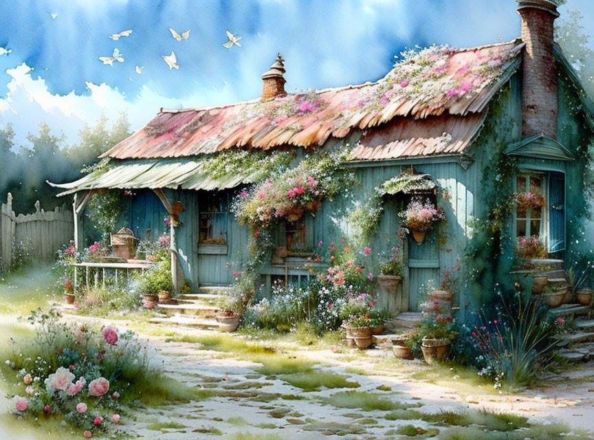 Illustration of quaint cottage with tin roof, surrounded by flowers and birds