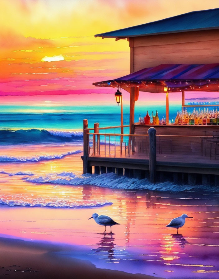 Colorful Sunset Beach Scene with Pier House, Waves, and Birds