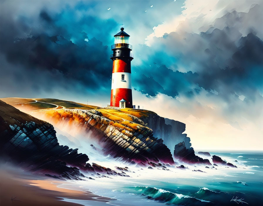 Red and white lighthouse painting on rocky cliff with turbulent sea waves and cloudy sky