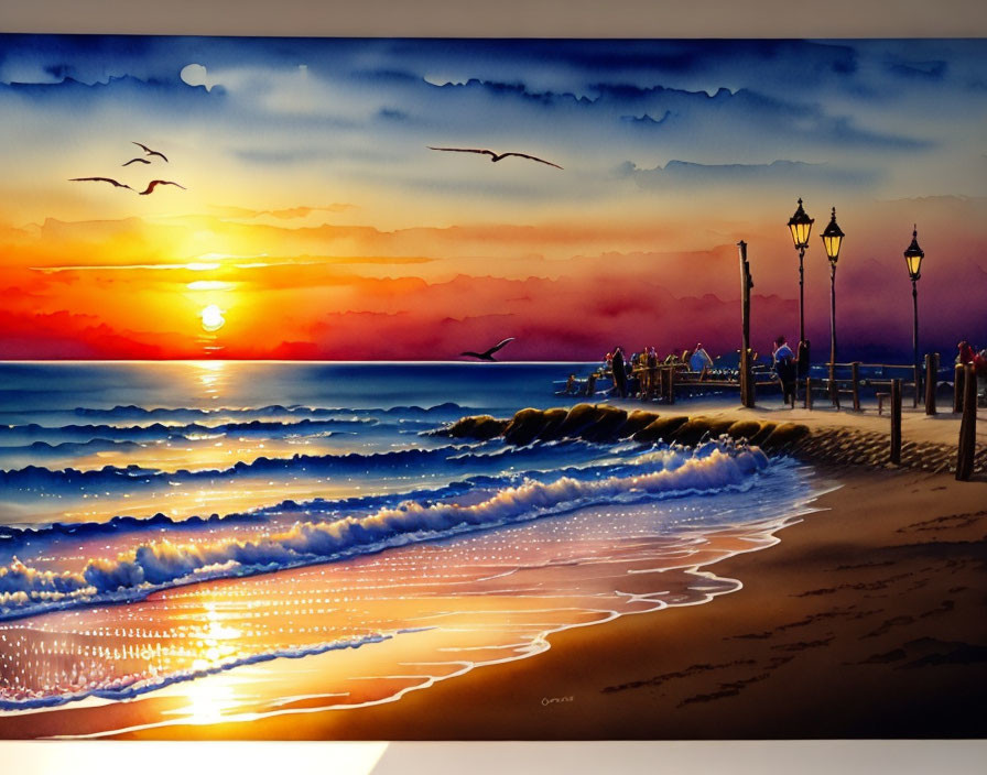 Scenic beach sunset with silhouetted pier, street lamps, birds, and waves