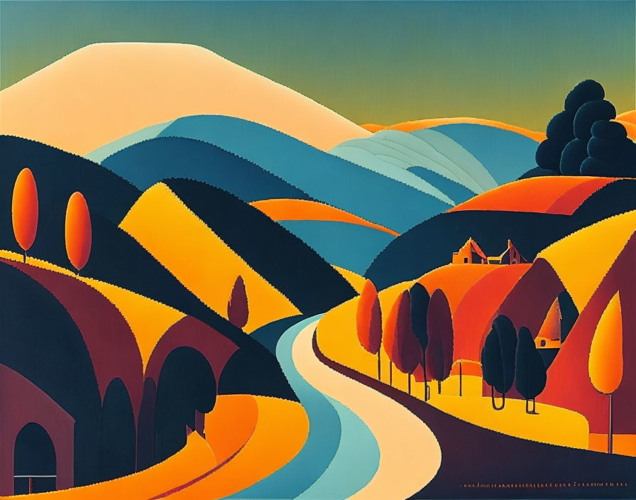 Rolling hills, river, house, trees in warm color palette