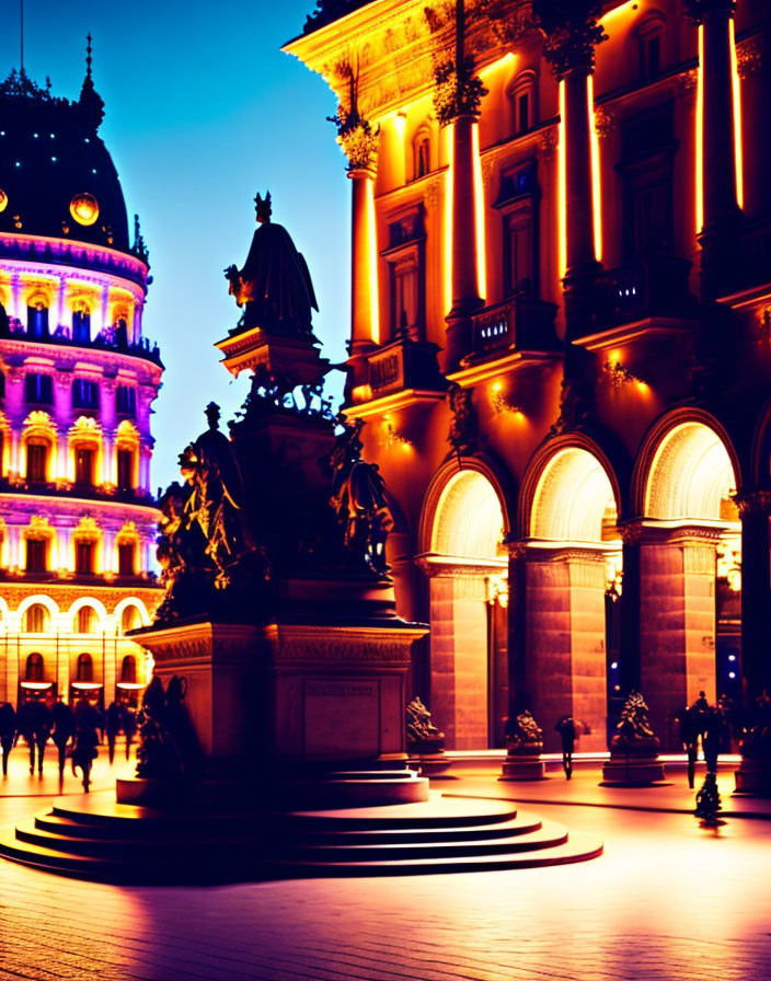 Vibrant lights illuminate ornate building and statue at night