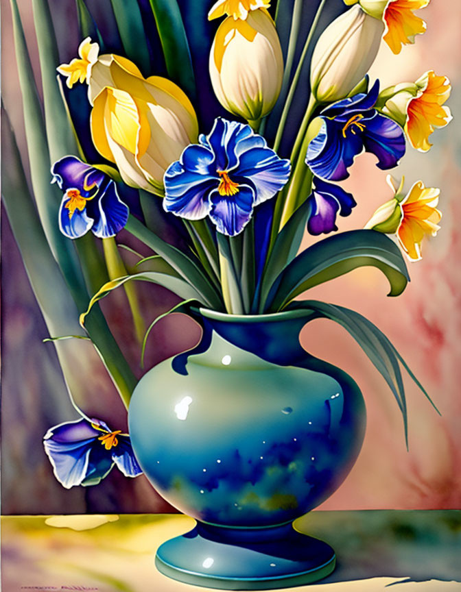 Colorful painting of yellow and purple flowers in blue vase