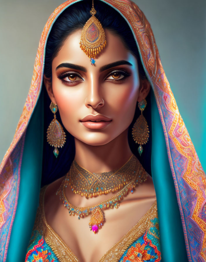 Traditional Indian Attire with Elaborate Jewelry and Vibrant Dupatta