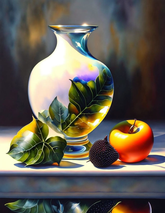 Reflective vase, green leaves, red apple, dark object on patterned surface