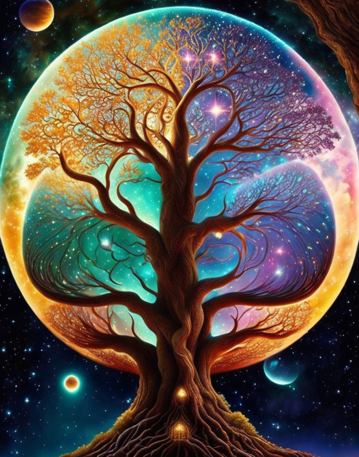 Colorful tree yin-yang art with cosmic backdrop