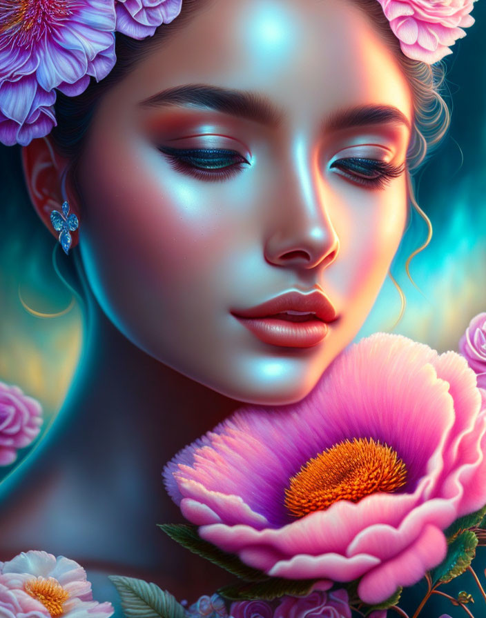 Detailed Photorealistic Illustration of Woman with Flowers and Vibrant Makeup