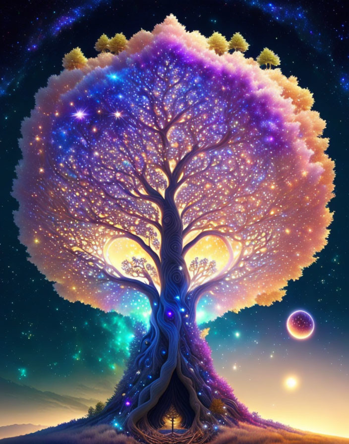 Colorful cosmic tree under starry sky with celestial bodies and warm horizon glow