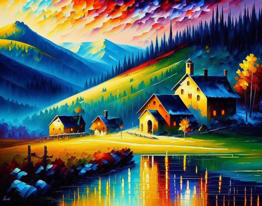 Colorful pastoral landscape with cottages, church, hills, and lake at sunset