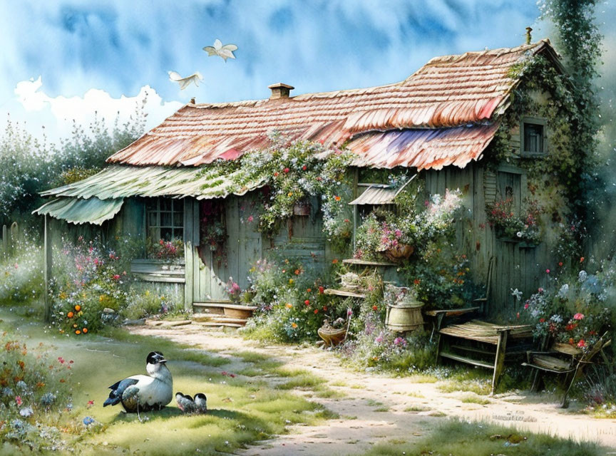 Colorful Garden and Birds Surround Rustic Cottage