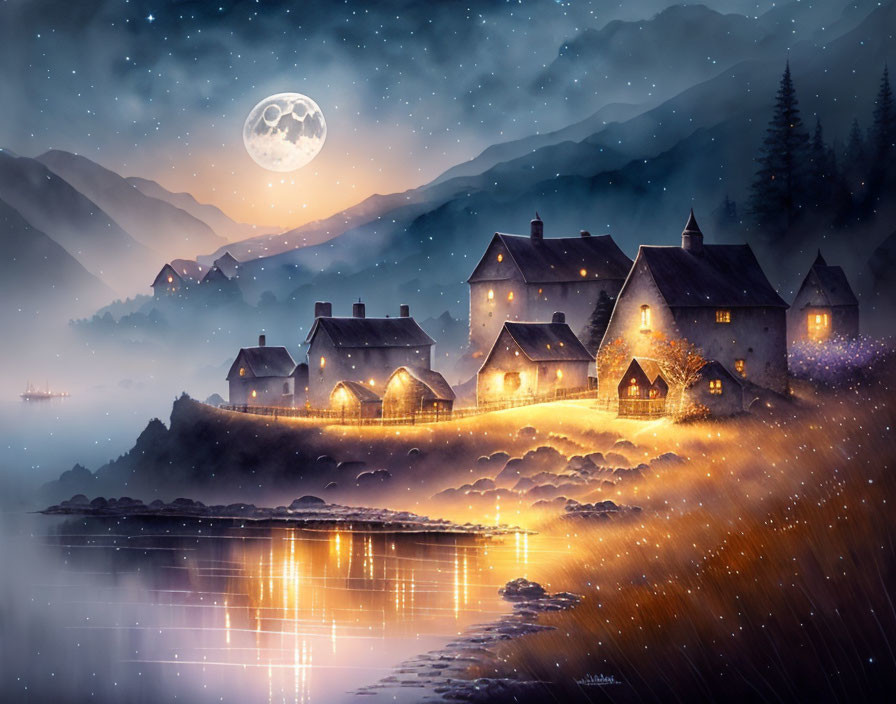 Tranquil night landscape: full moon, lake, cozy houses, mountains, fireflies