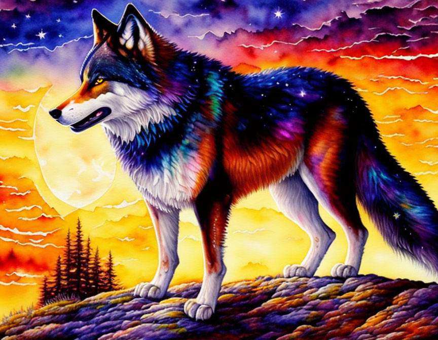 Colorful Wolf in Surreal Moonlit Landscape