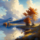 Tranquil landscape painting: calm lake, autumn trees, blue sky