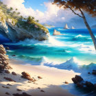 Tropical beach scene with turquoise waves, sandy shore, palm trees, and sea cliffs