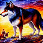 Colorful Wolf in Surreal Moonlit Landscape