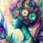 Ethereal woman with floral and clockwork hair adornments and butterfly in colorful illustration