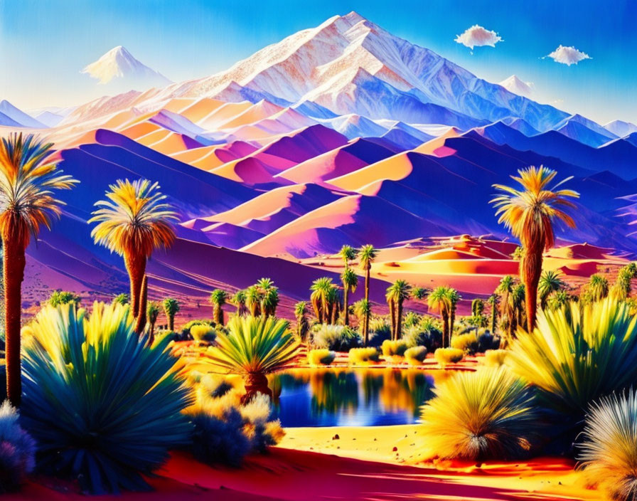 Desert oasis painting with palm trees, sand dunes, and mountains