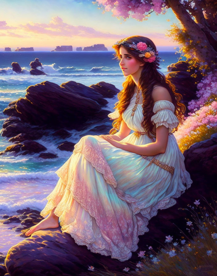 Woman in flowing dress by the sea at sunset with flowers in hair