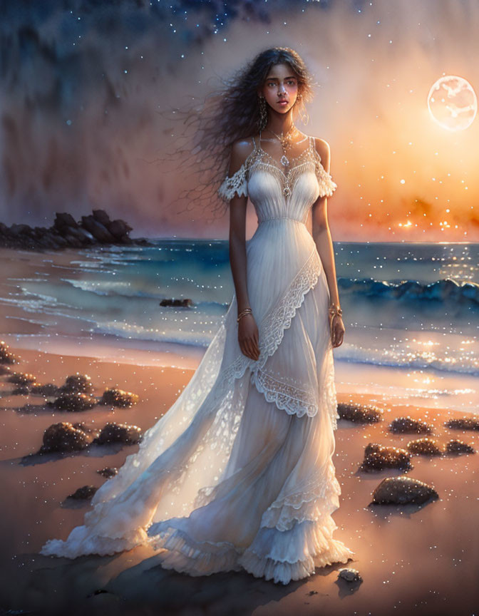 Woman in white gown on beach at twilight with stars, moon, and waves