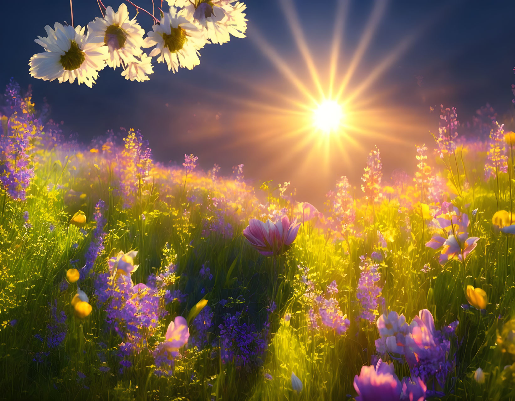 Colorful Wildflowers in Sunlight with Beaming Rays