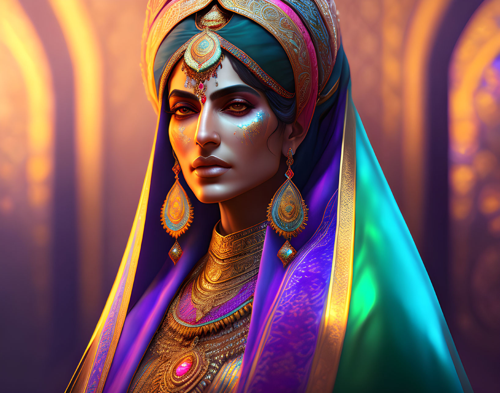 Colorful digital portrait of a woman with ornate jewelry and headdress on warm backdrop