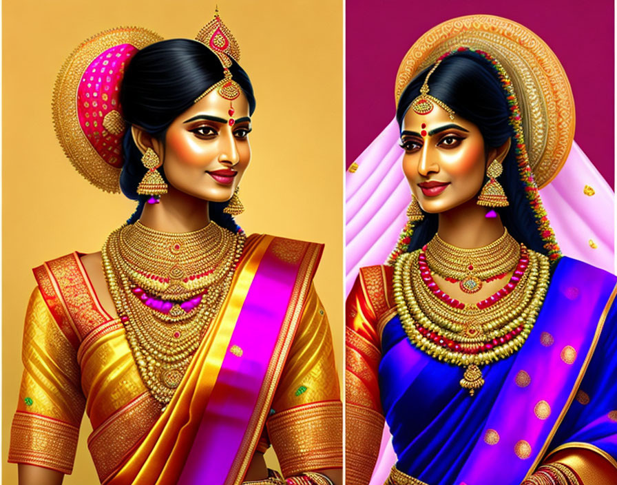 Illustrated women in traditional Indian attire and elaborate jewelry against vibrant backgrounds