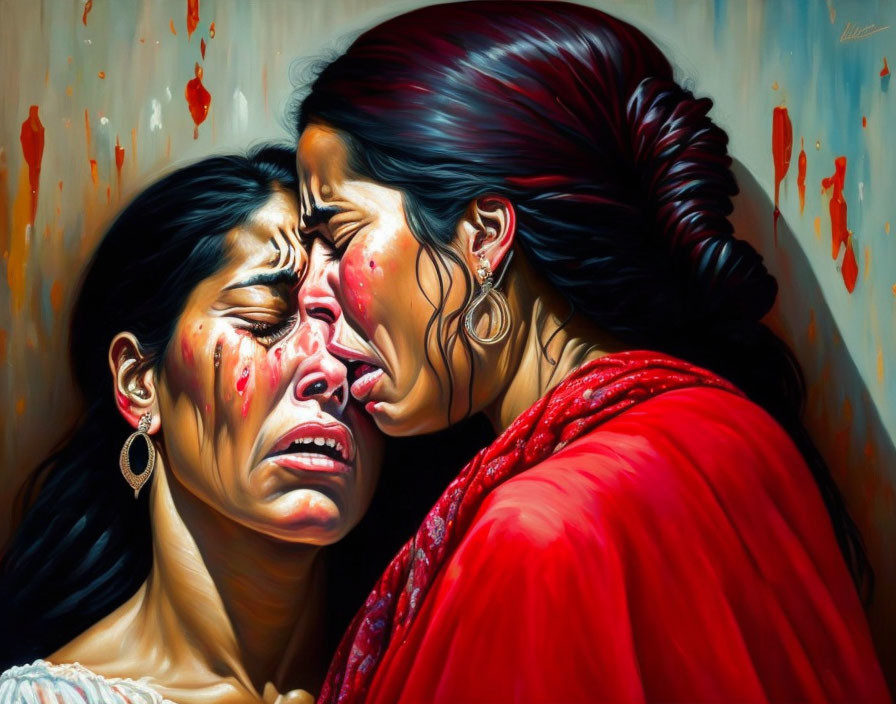 Two women embracing in emotional scene with red paint smears for dramatic effect