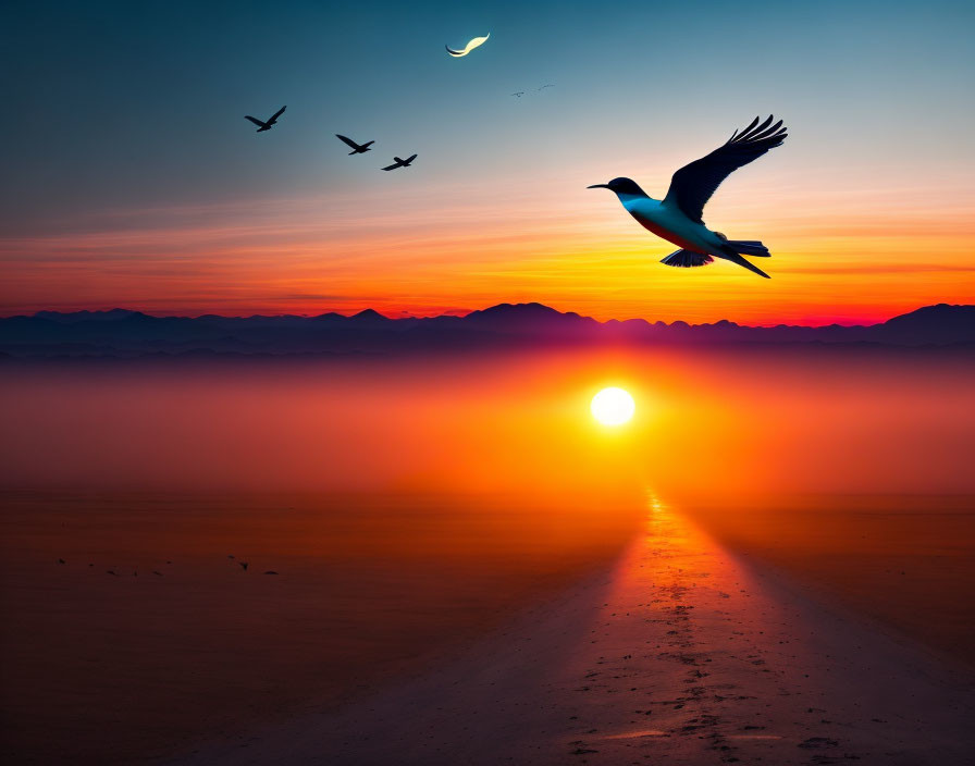 Bird flying over misty landscape with vivid sunrise, mountain silhouette, birds, and crescent moon in