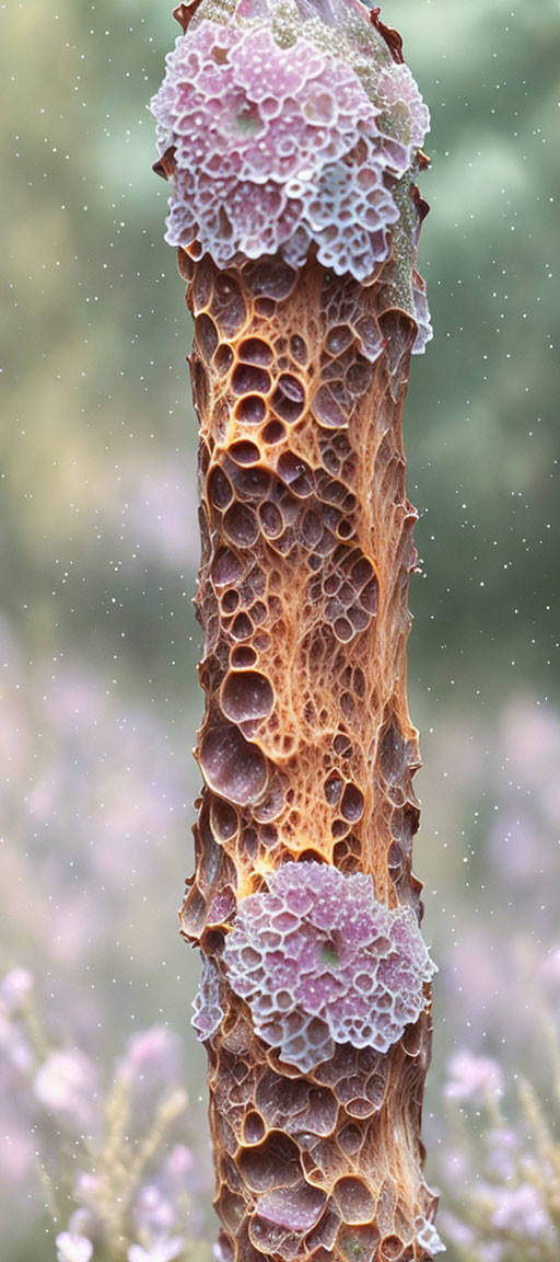 Detailed view of plant stem with porous texture and pink-tinged, lichen-like growths on