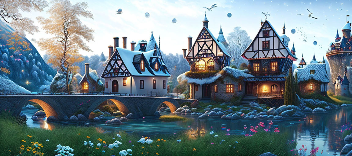 Whimsical fantasy village with glowing lanterns and tranquil stream