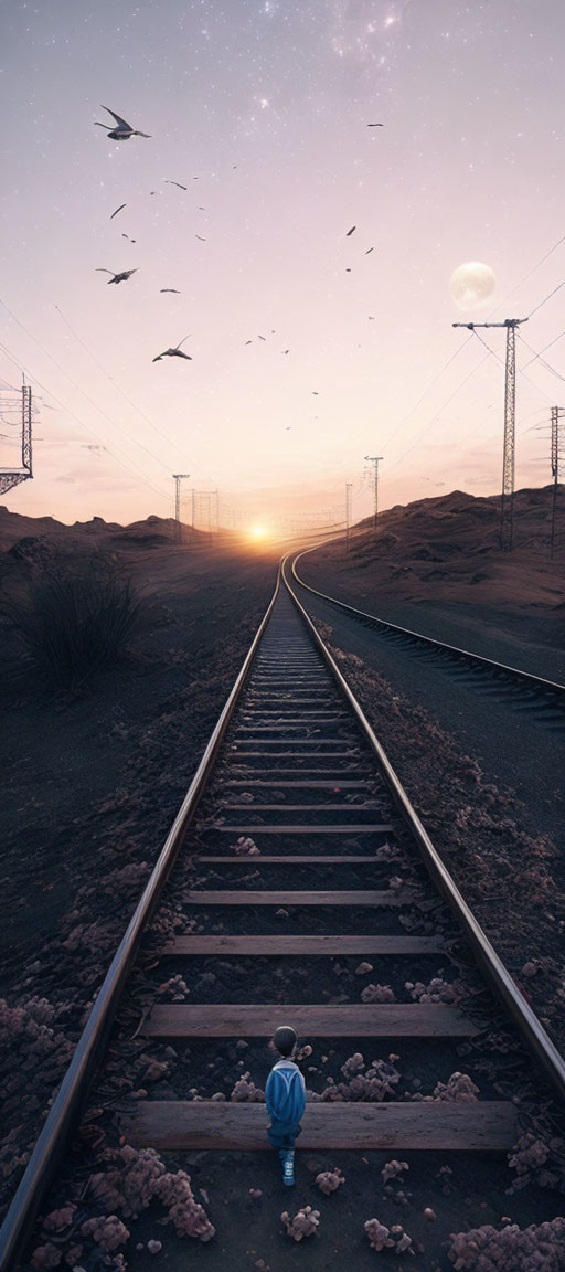 Child on Railway Tracks with Sunset, Moon, Birds, and Desert Landscape