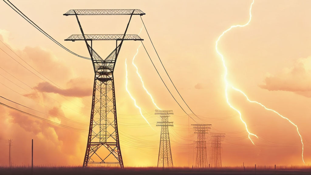 Dramatic sky with high-voltage power lines and electricity pylons