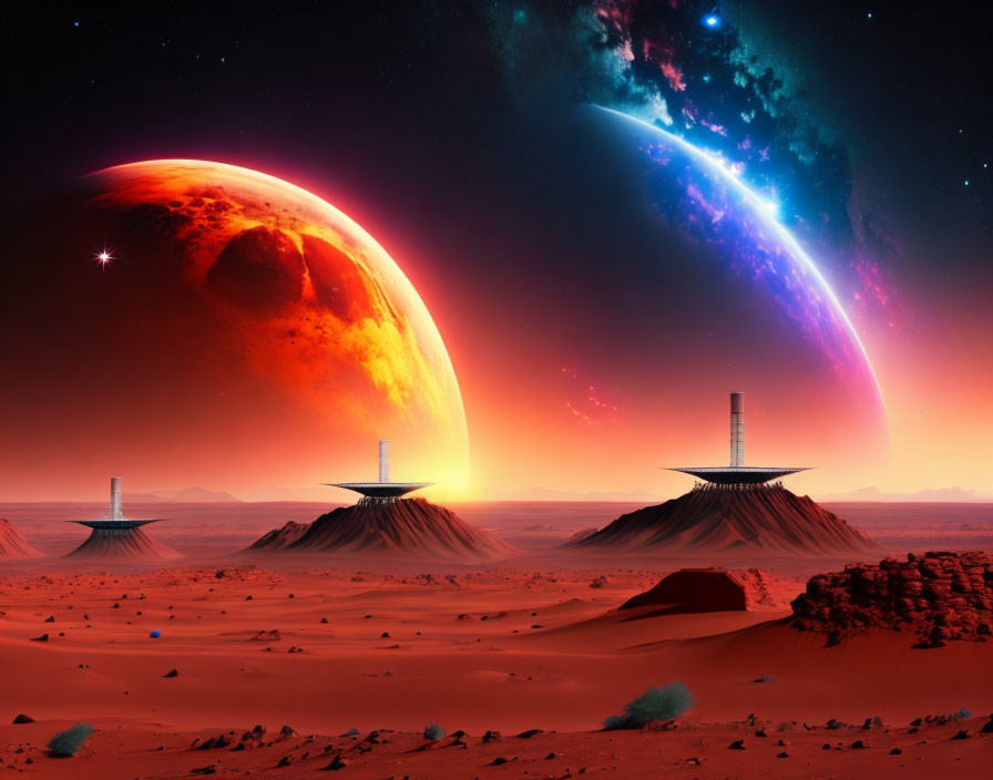 Futuristic desert landscape with red planet and cosmic nebula