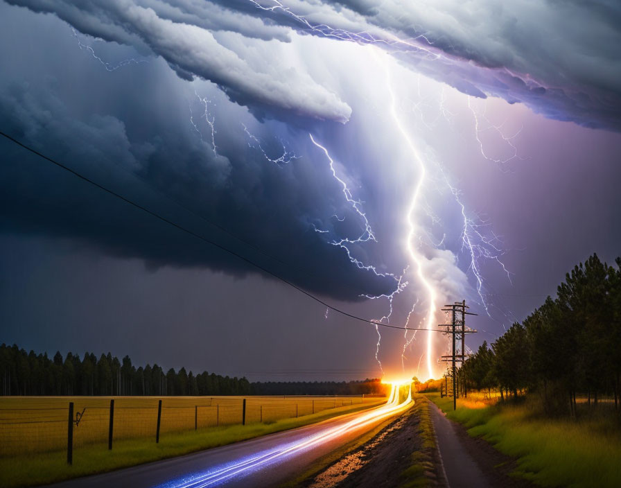 Thunderstorm with lightning strikes near road and vehicle light trails under dark, cloud-filled sky