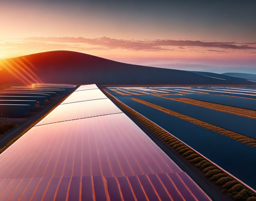 Sunset view of solar farm panels with vibrant sky and rolling hills.