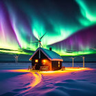 Snowy landscape with house, aurora borealis, and wind turbines