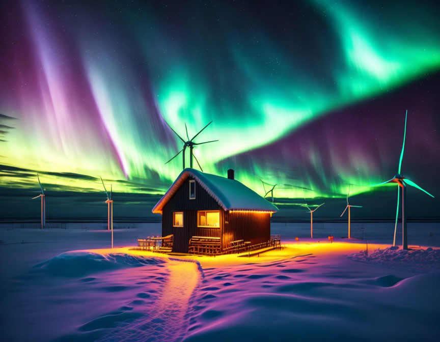 Snowy landscape with house, aurora borealis, and wind turbines