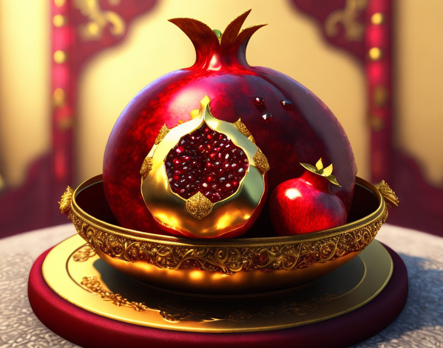 Luxurious digital art of whole and sliced pomegranate on gold-trimmed plate