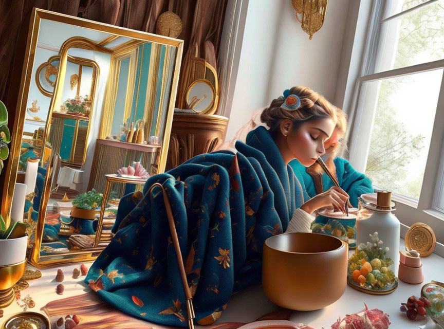 Illustration of woman in blue shawl making tea in cozy, plant-filled room