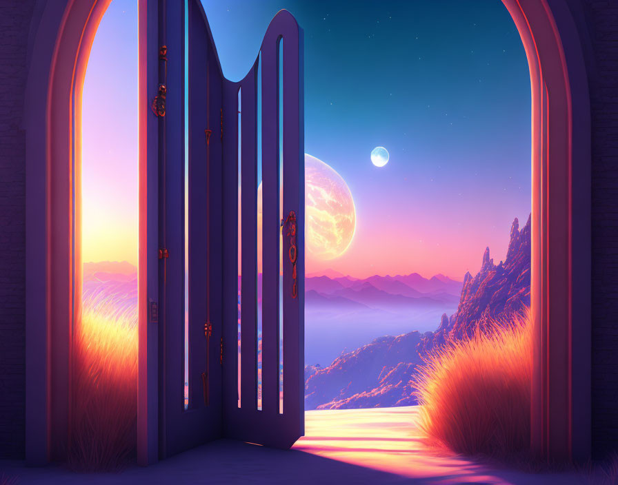 Illustration of tall open doors revealing vibrant vista with mountains under starry sky at sunset.