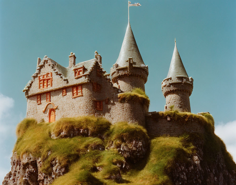 Stone castle with pointed towers on grassy hill under blue sky