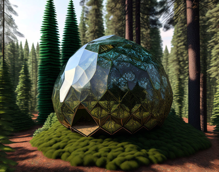 Reflective geodesic dome in forest clearing