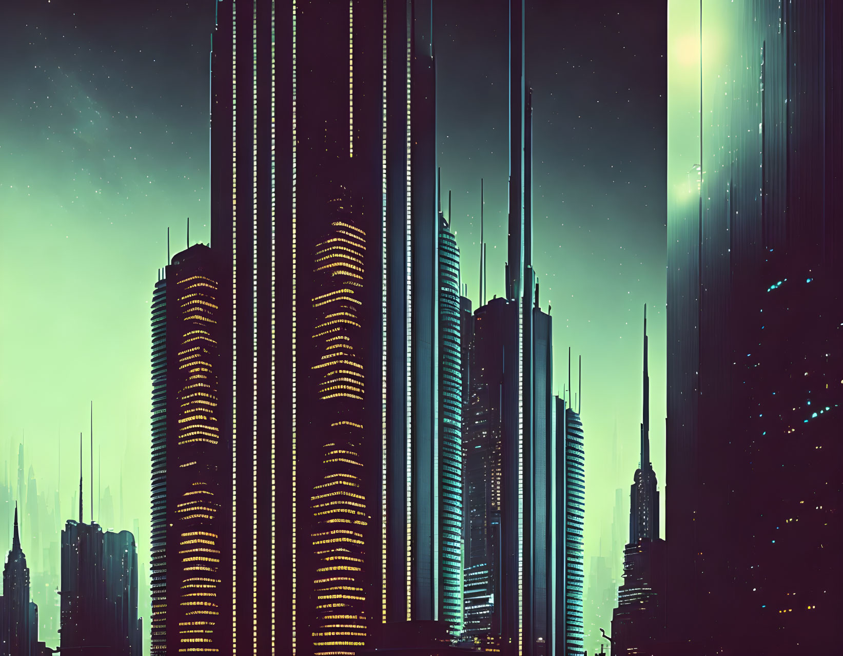 Nighttime Cyberpunk Cityscape with Illuminated Skyscrapers