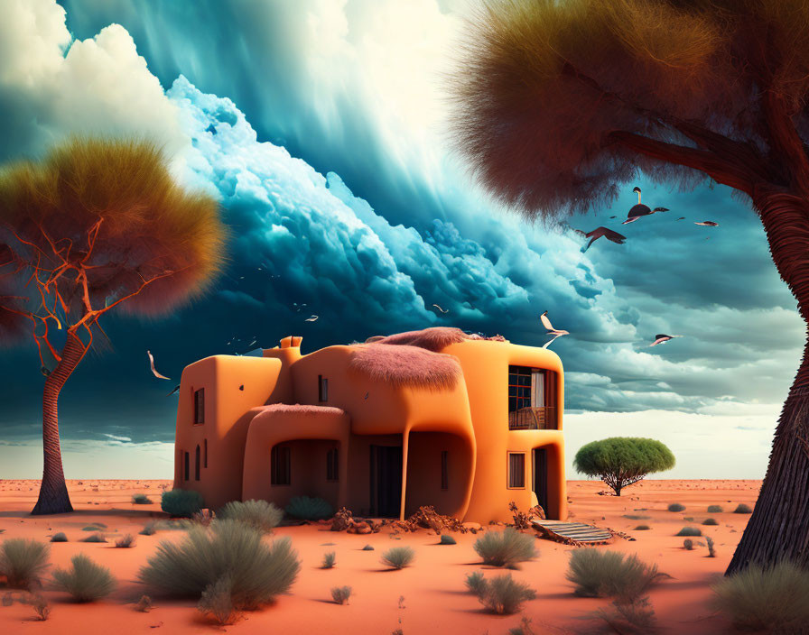 Surreal desert landscape with orange sky, whimsical trees, sandy terrain, and unique rounded architecture